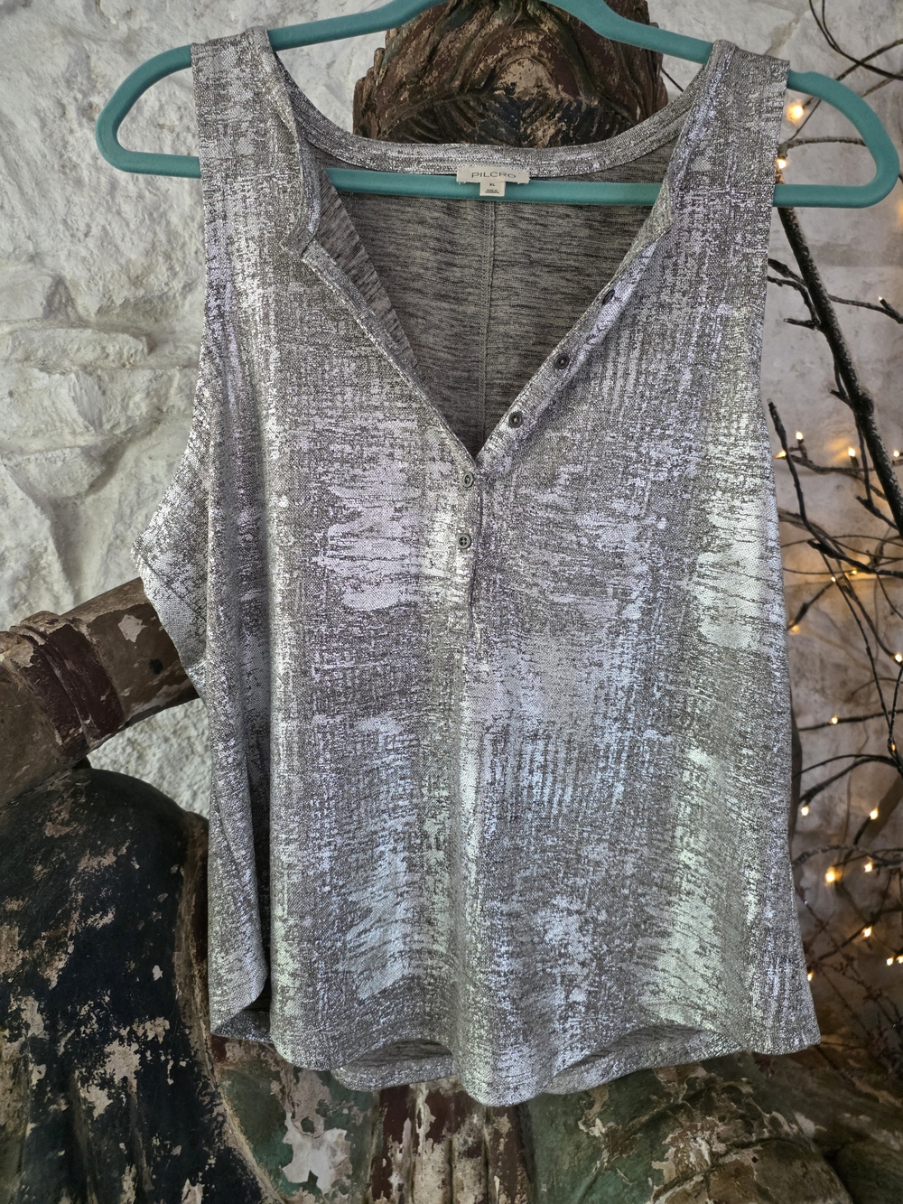 Free People Silver Metallic Henley Tank Top
